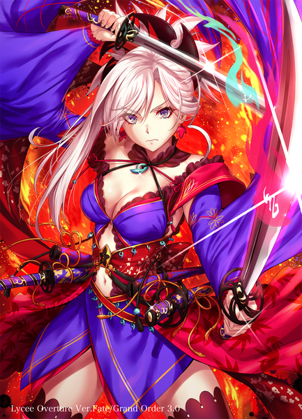 Anime-Bild 1000x1384 mit fate (series) fate/grand order miyamoto musashi (fate) sakiyamama single long hair tall image looking at viewer fringe breasts light erotic hair between eyes standing purple eyes holding cleavage silver hair traditional clothes japanese clothes arm up