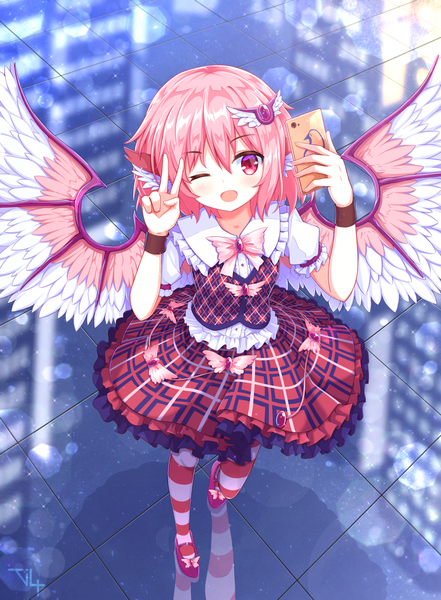 Anime picture 1412x1920 with touhou hollow song of birds mystia lorelei tilt gyx single tall image fringe short hair open mouth hair between eyes pink hair full body one eye closed pink eyes from above wink alternate costume puffy sleeves lens flare victory