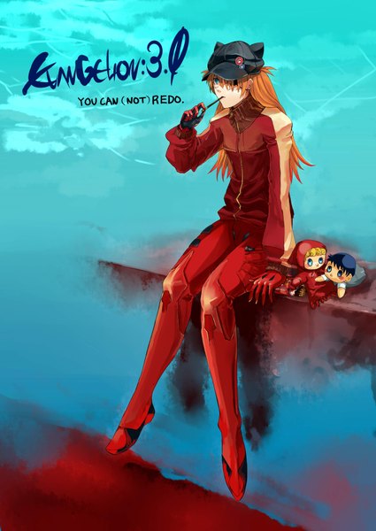 Anime picture 2507x3541 with neon genesis evangelion rebuild of evangelion evangelion: 2.0 you can (not) advance end of evangelion gainax soryu asuka langley shikinami asuka langley single long hair tall image highres blue eyes sitting looking away orange hair inscription girl hat food jacket