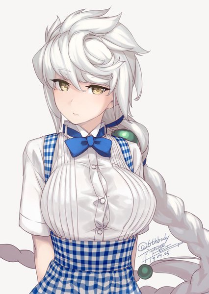 Anime picture 710x1000 with kantai collection unryuu aircraft carrier rokuwata tomoe single tall image looking at viewer signed yellow eyes upper body white hair braid (braids) very long hair twitter username single braid dated underbust girl uniform bowtie employee uniform