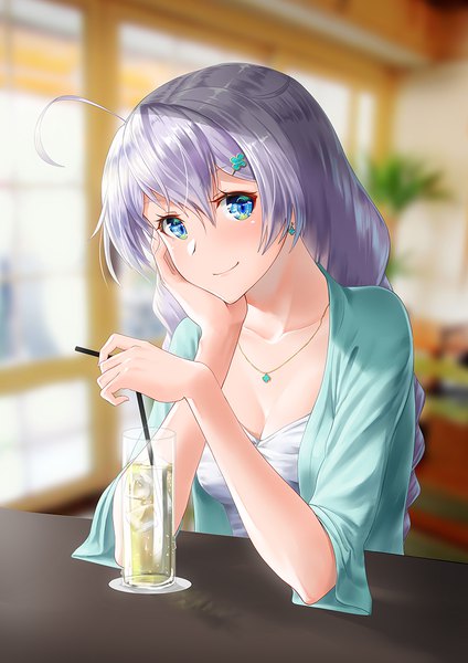 Anime picture 827x1169 with honkai impact 3rd benghuai xueyuan honkai (series) kiana kaslana gotointhepark single long hair tall image looking at viewer blush fringe breasts blue eyes smile hair between eyes cleavage silver hair ahoge indoors blurry