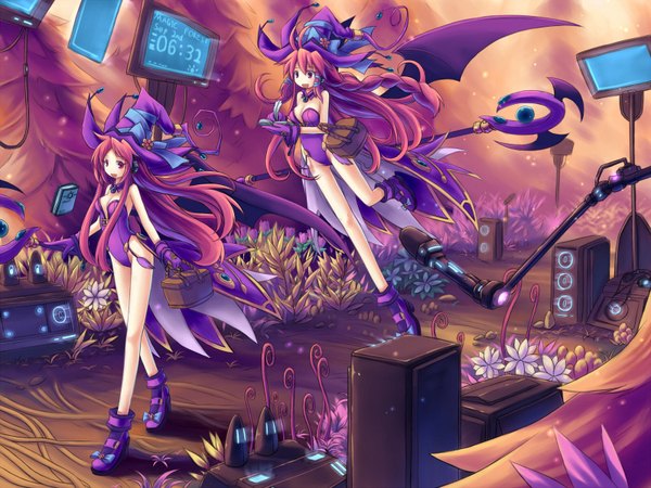 Anime picture 1600x1200 with original hoshi no gen long hair light erotic smile multiple girls red hair pink eyes flying demon wings girl flower (flowers) 2 girls hat wings boots witch hat staff