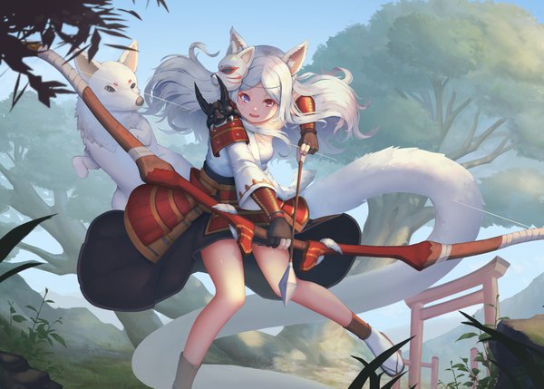 Anime picture 3220x2306 with original jj33jj55 single long hair looking at viewer blush fringe highres open mouth blue eyes red eyes holding animal ears absurdres sky outdoors white hair tail animal tail fang (fangs)