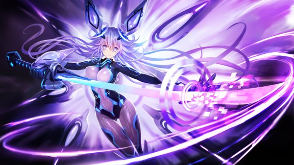 Anime picture 3555x2000 with choujigen game neptune purple heart next purple zhuore zhi hen single long hair fringe highres breasts light erotic smile hair between eyes wide image purple eyes holding purple hair very long hair light smile thigh gap floating hair