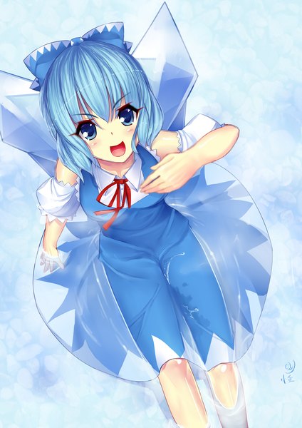 Anime picture 3000x4243 with touhou cirno single tall image blush highres short hair open mouth blue eyes sitting blue hair girl dress wings water