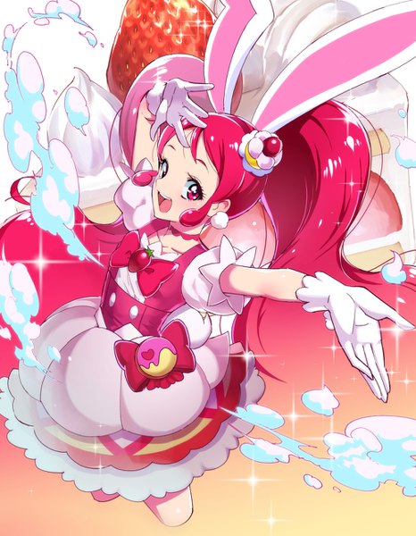 Anime picture 1010x1300 with precure kirakira precure a la mode toei animation usami ichika cure whip naokado single long hair tall image looking at viewer blush smile twintails animal ears pink hair tail animal tail one eye closed pink eyes wink