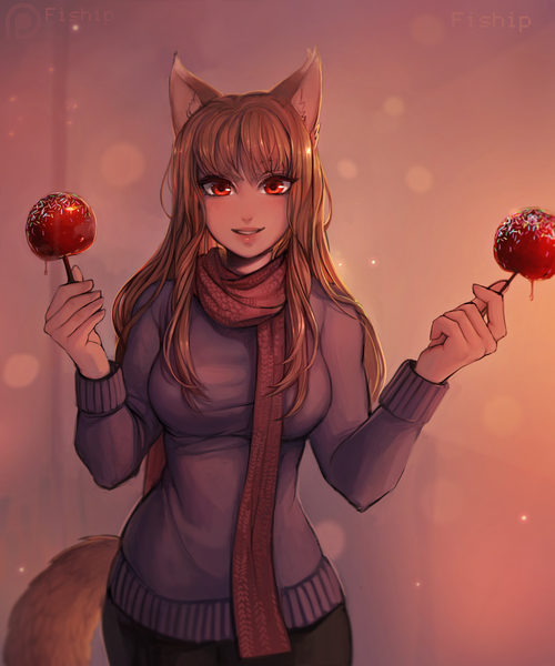 Anime picture 3000x3600 with spice and wolf horo matilda vin single long hair tall image looking at viewer blush fringe highres breasts smile red eyes brown hair large breasts standing holding signed animal ears upper body