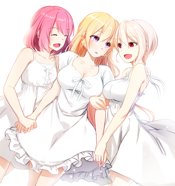 Anime picture 797x847 with shokugeki no soma j.c. staff nakiri erina nakiri alice arato hisako saitou kazu long hair tall image blush fringe short hair breasts open mouth simple background blonde hair hair between eyes red eyes large breasts standing white background