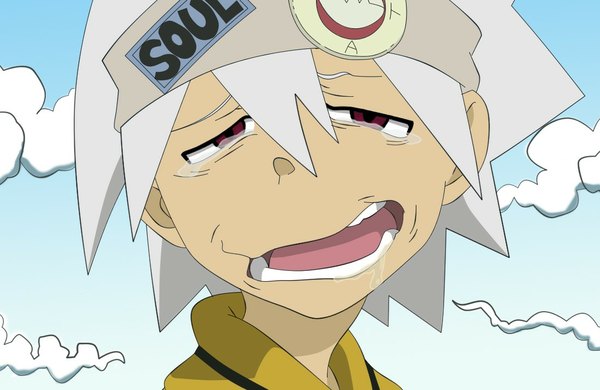 Anime picture 1101x717 with soul eater studio bones soul eater evans single short hair open mouth red eyes cloud (clouds) white hair inscription tears face saliva crying spiked hair boy bandana