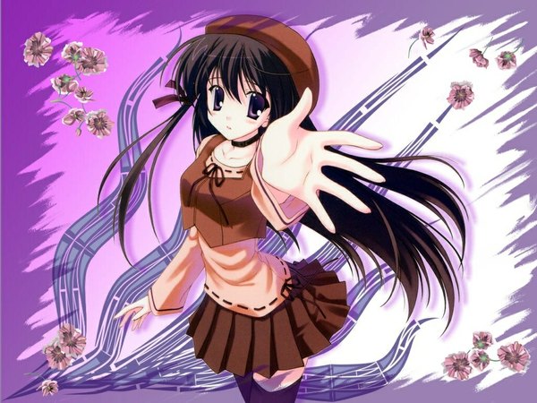 Anime picture 1024x768 with sola shihou matsuri nanao naru single long hair fringe black hair purple eyes pleated skirt from above wallpaper outstretched arm girl thighhighs skirt flower (flowers) black thighhighs choker beret