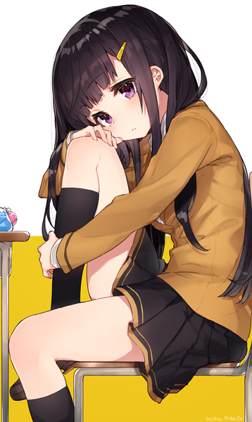 Anime picture 1076x1800 with original mika pikazo single long hair tall image looking at viewer blush fringe black hair simple background white background sitting purple eyes signed bent knee (knees) blunt bangs head tilt yellow background hand on knee leg hug