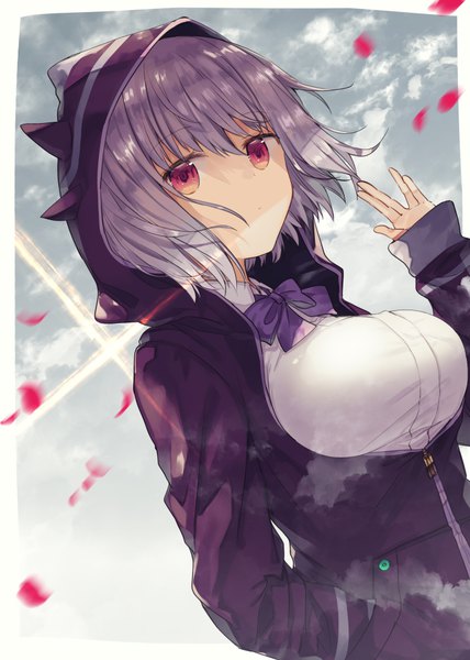 Anime-Bild 700x980 mit gridman universe ssss.gridman studio trigger shinjou akane teigi single tall image looking at viewer fringe short hair breasts hair between eyes red eyes large breasts sky purple hair cloud (clouds) upper body outdoors wind