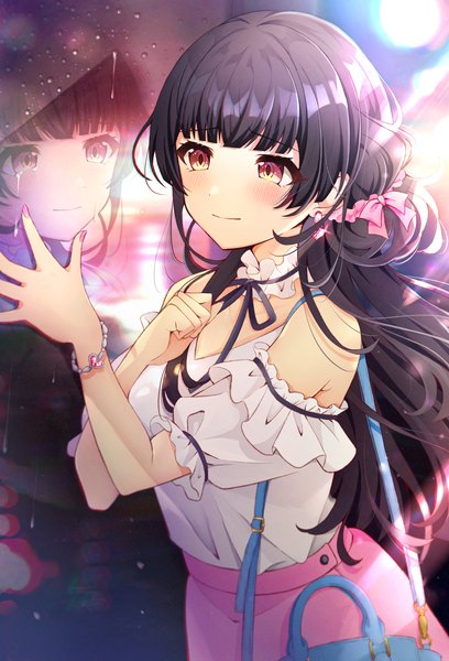 Anime picture 1080x1589 with idolmaster idolmaster shiny colors mayuzumi fuyuko umeume (totoya) single long hair tall image blush fringe breasts black hair standing brown eyes looking away blunt bangs nail polish fingernails off shoulder night sparkle
