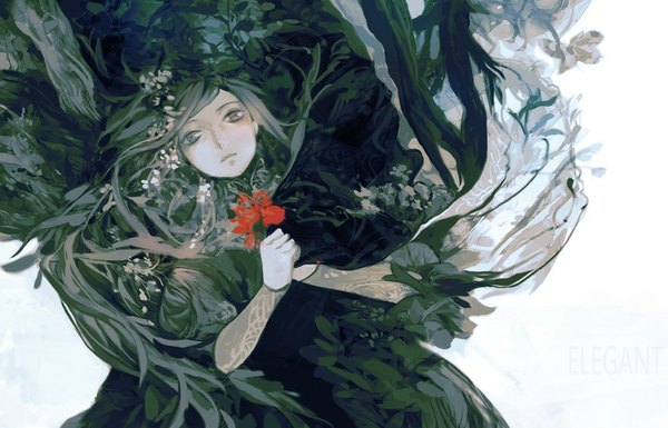 Anime picture 1070x687 with original lang ya single long hair holding lying grey hair grey eyes girl flower (flowers) plant (plants) tree (trees)