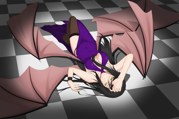 Anime picture 2100x1400 with midnight (artist) single long hair highres breasts light erotic black hair bare shoulders yellow eyes cleavage lying demon girl checkered floor bat wings demon girl thighhighs dress black thighhighs wings