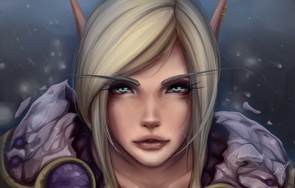 Anime picture 2900x1850 with world of warcraft blizzard entertainment blood elf zackargunov single long hair looking at viewer highres blue eyes lips pointy ears grey hair portrait close-up eyebrows elf face girl armor spaulder (spaulders)