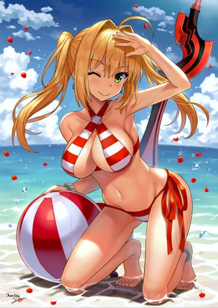 Anime picture 877x1241 with fate (series) fate/grand order nero claudius (fate) (all) nero claudius (swimsuit caster) (fate) npcpepper single long hair tall image looking at viewer blush fringe breasts light erotic blonde hair smile hair between eyes large breasts twintails bare shoulders green eyes