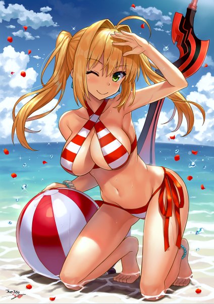 Аниме картинка 877x1241 с fate (series) fate/grand order nero claudius (fate) nero claudius (swimsuit caster) (fate) npcpepper один (одна) длинные волосы высокое изображение смотрит на зрителя румянец чёлка грудь лёгкая эротика светлые волосы улыбка волосы между глазами большая грудь два хвостика голые плечи зелёные глаза