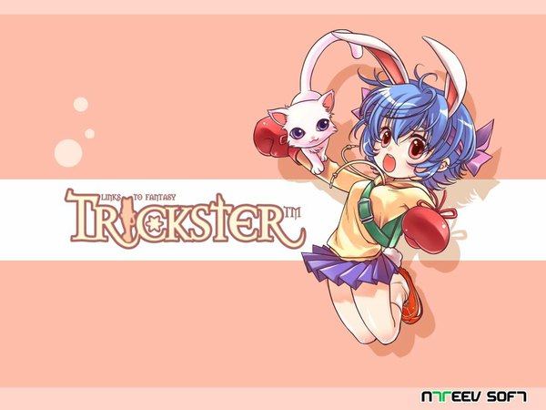 Anime picture 1024x768 with trickster bunny (trickster) shirahane nao open mouth red eyes animal ears blue hair tail bunny ears bunny tail skirt gloves socks headband cat bag backpack boxing gloves