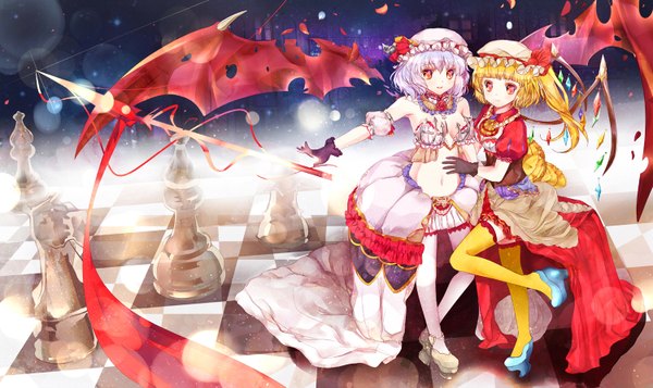 Anime picture 1500x893 with touhou flandre scarlet remilia scarlet heco (mama) fringe breasts light erotic red eyes wide image standing bare shoulders multiple girls purple hair alternate costume pale skin siblings checkered floor checkered sisters torn wings