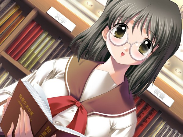 Anime picture 1024x768 with harem days (game) short hair black hair green eyes game cg girl glasses serafuku