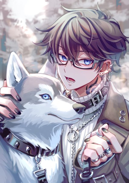Anime picture 1414x2000 with original zoff (daria) single tall image looking at viewer fringe short hair open mouth blue eyes hair between eyes brown hair upper body outdoors nail polish tattoo piercing ear piercing boy animal glasses