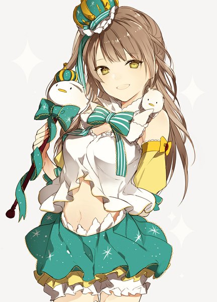 Anime picture 700x972 with love live! school idol project sunrise (studio) love live! minami kotori minami kotori (bird) lpip single long hair tall image looking at viewer fringe open mouth simple background smile brown hair bare shoulders yellow eyes grey background bare belly sparkle