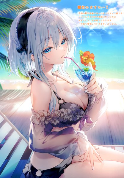 Anime picture 2406x3464 with original riichu single tall image looking at viewer fringe highres short hair breasts blue eyes light erotic hair between eyes large breasts sitting sky silver hair cloud (clouds) outdoors nail polish parted lips