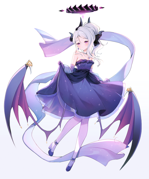Anime picture 1500x1794 with blue archive hina (blue archive) hina (dress) (blue archive) yenkoes single long hair tall image simple background white background purple eyes looking away silver hair full body horn (horns) official alternate costume low wings girl dress gloves pantyhose