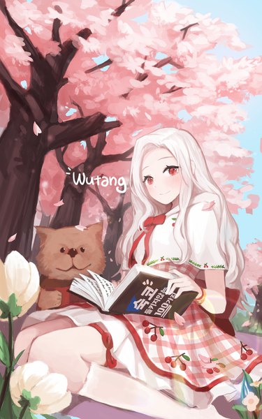Anime picture 2177x3482 with original seorang single long hair tall image looking at viewer blush highres red eyes sitting holding sky outdoors white hair short sleeves text cherry blossoms spring food print korean