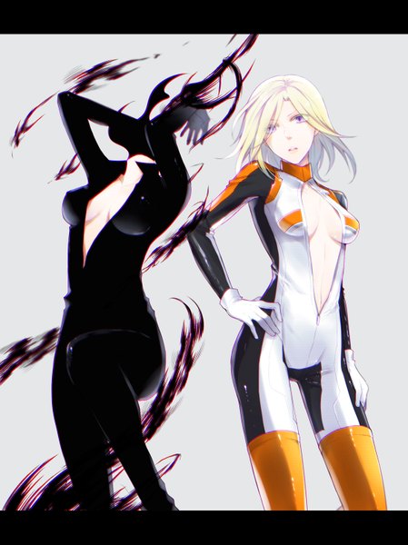 Anime picture 1179x1575 with durarara!! brains base (studio) celty sturluson vorona yuzuriha (no yzrh) tall image short hair breasts light erotic blonde hair standing purple eyes multiple girls nipples bent knee (knees) hand on hip girl navel 2 girls transparent clothing