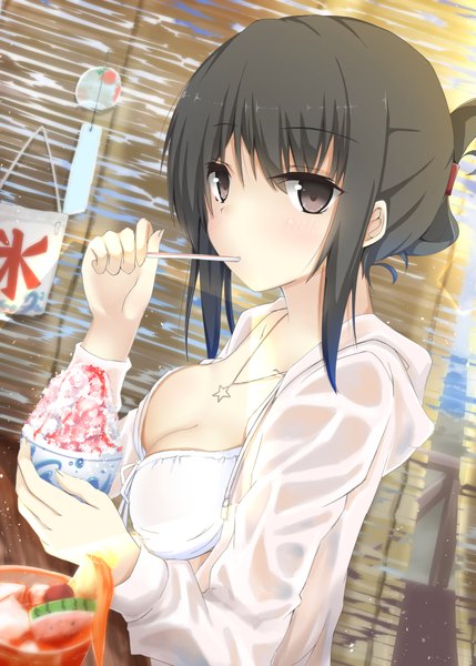Anime picture 1296x1812 with original shirotaso0818 single tall image looking at viewer short hair light erotic black hair black eyes eating girl swimsuit bikini food sweets pendant ice cream shaved ice