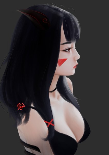 Anime picture 2480x3508 with original yoo-bi (jubi) jubi (regiana) single long hair tall image highres breasts light erotic black hair simple background red eyes large breasts signed looking away cleavage upper body profile horn (horns) from above