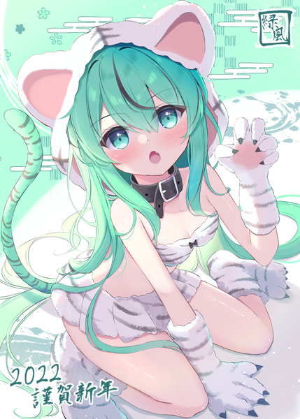 Anime picture 1036x1450 with original mikaze oto single tall image looking at viewer blush fringe open mouth light erotic hair between eyes sitting animal ears tail very long hair animal tail aqua eyes green hair from above :o wariza
