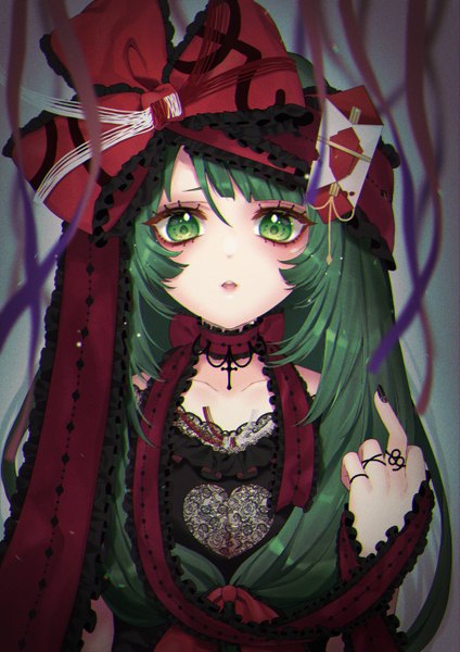 Anime picture 1000x1414 with touhou kagiyama hina kyouda suzuka single long hair tall image looking at viewer blush fringe open mouth simple background hair between eyes standing green eyes upper body nail polish fingernails green hair :o middle finger