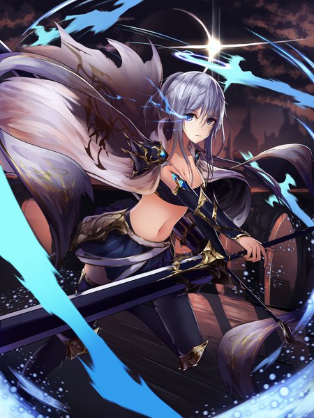 Anime picture 3000x4000 with see n single long hair tall image looking at viewer fringe highres breasts blue eyes hair between eyes holding payot cleavage silver hair bent knee (knees) ponytail from above wind glowing glowing eye (eyes)