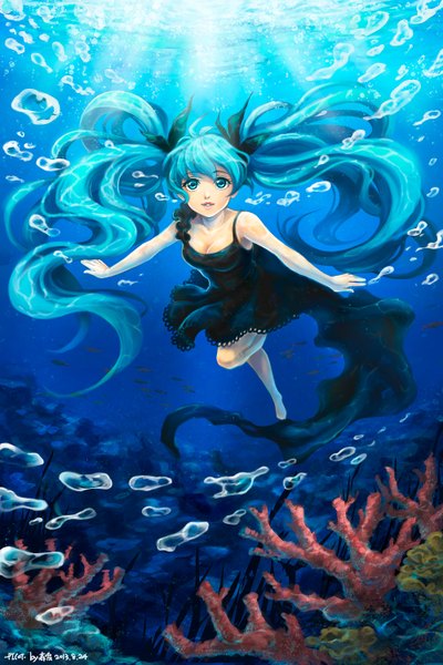 Anime picture 1000x1500 with vocaloid shinkai shoujo (vocaloid) hatsune miku darkblue1112 single tall image looking at viewer twintails very long hair aqua eyes aqua hair girl dress underwear bubble (bubbles) coral
