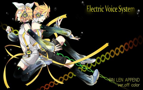 Anime picture 2200x1400 with vocaloid vocaloid append kagamine rin kagamine len kagamine rin (append) kagamine len (append) yui (kawalcjil4) fringe highres short hair open mouth blue eyes blonde hair hair between eyes full body bent knee (knees) ponytail eyes closed nail polish profile