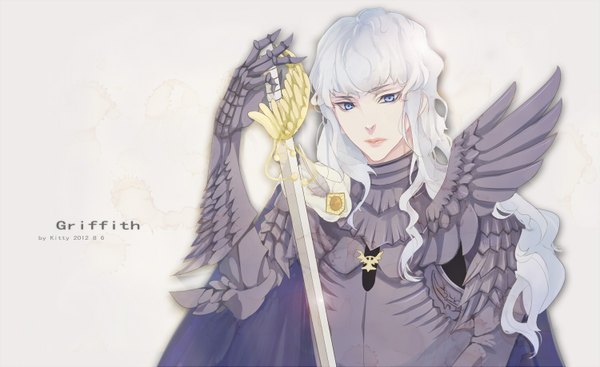 Anime-Bild 1500x918 mit berserk griffith kittyxxx single long hair looking at viewer fringe blue eyes simple background wide image white background holding signed upper body white hair character names dated boy weapon sword