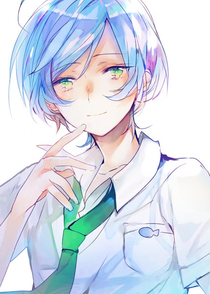 Anime picture 700x980 with ensemble stars! shinkai kanata poni (rito) single tall image looking at viewer short hair simple background white background green eyes blue hair upper body light smile finger to mouth boy uniform school uniform necktie