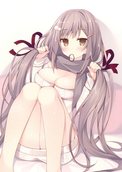 Anime picture 2489x3500 with original miko (royal milk) single tall image looking at viewer blush fringe highres breasts light erotic twintails holding brown eyes cleavage very long hair grey hair scan official art mouth hold against wall