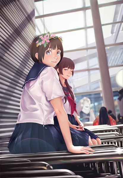 Anime picture 691x1000 with to aru kagaku no railgun j.c. staff saten ruiko uiharu kazari sufew long hair tall image looking at viewer short hair blue eyes black hair sitting multiple girls hair flower light smile girl skirt uniform hair ornament flower (flowers)