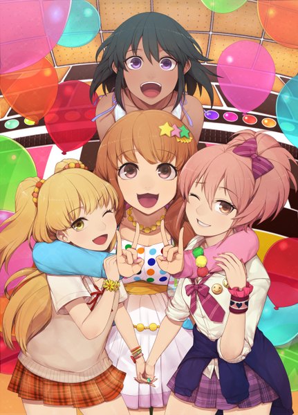 Anime picture 1000x1390 with idolmaster idolmaster cinderella girls jougasaki mika jougasaki rika moroboshi kirari natalia (idolmaster) hitoto long hair tall image short hair open mouth black hair blonde hair smile brown hair purple eyes multiple girls brown eyes yellow eyes pink hair