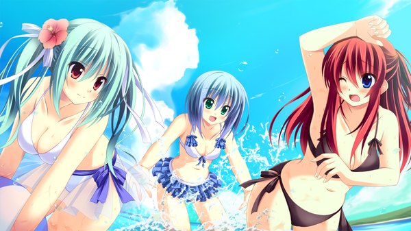 Anime picture 1920x1080 with original a flow long hair blush highres short hair open mouth blue eyes light erotic red eyes wide image twintails multiple girls green eyes blue hair cloud (clouds) red hair aqua hair girl navel
