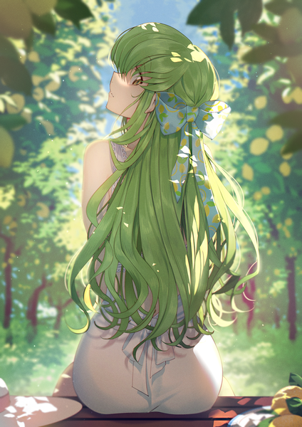 Anime picture 1000x1415 with code geass sunrise (studio) c.c. creayus single long hair tall image looking at viewer fringe smile hair between eyes sitting bare shoulders yellow eyes outdoors profile looking back green hair from behind sunlight