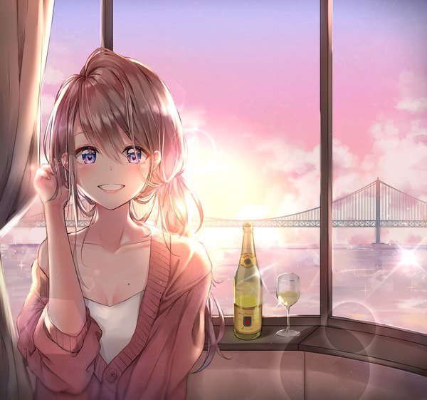 Anime picture 1800x1685 with original cuna (qunya) single long hair looking at viewer blush fringe highres breasts blue eyes smile hair between eyes brown hair standing sky cleavage cloud (clouds) fingernails off shoulder mole