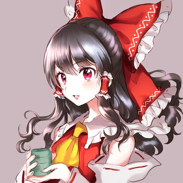 Anime picture 1080x1080 with touhou hakurei reimu rosette (roze-ko) single long hair blush fringe open mouth black hair simple background hair between eyes red eyes looking away upper body :d half updo girl bow hair bow detached sleeves