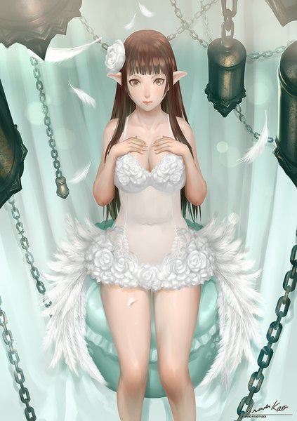 Anime picture 635x900 with original ariver kao single long hair tall image looking at viewer fringe light erotic brown hair standing sitting bare shoulders brown eyes signed hair flower from above light smile pointy ears hand on chest white wings