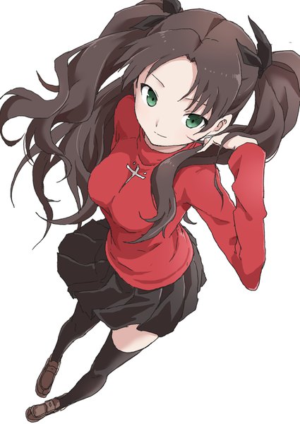 Anime-Bild 2508x3541 mit fate (series) fate/stay night toosaka rin yamamoto souichirou single long hair tall image highres black hair simple background white background green eyes from above two side up adjusting hair girl thighhighs skirt black thighhighs shoes