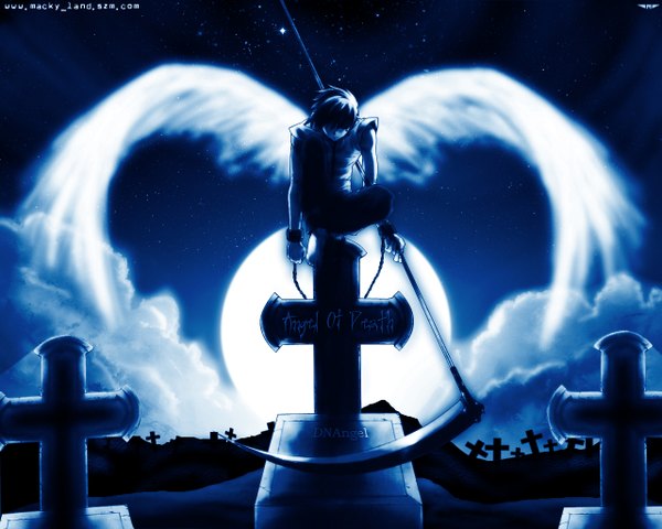 Anime picture 1280x1024 with d.n.angel xebec short hair sitting sky cloud (clouds) full body inscription night monochrome angel wings boy weapon wings moon star (stars) cross full moon scythe handcuffs